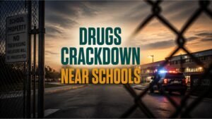 School gate with police vehicle representing Punjab's crackdown on drug dealers near schools and colleges