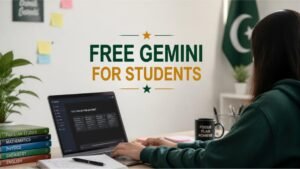 Pakistani student using laptop with Gemini AI, representing Google's free Gemini subscription for students