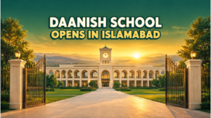 A grand school campus with open golden gates at sunrise, cream buildings and green lawns under a teal and gold sky, representing the new Daanish School in Islamabad