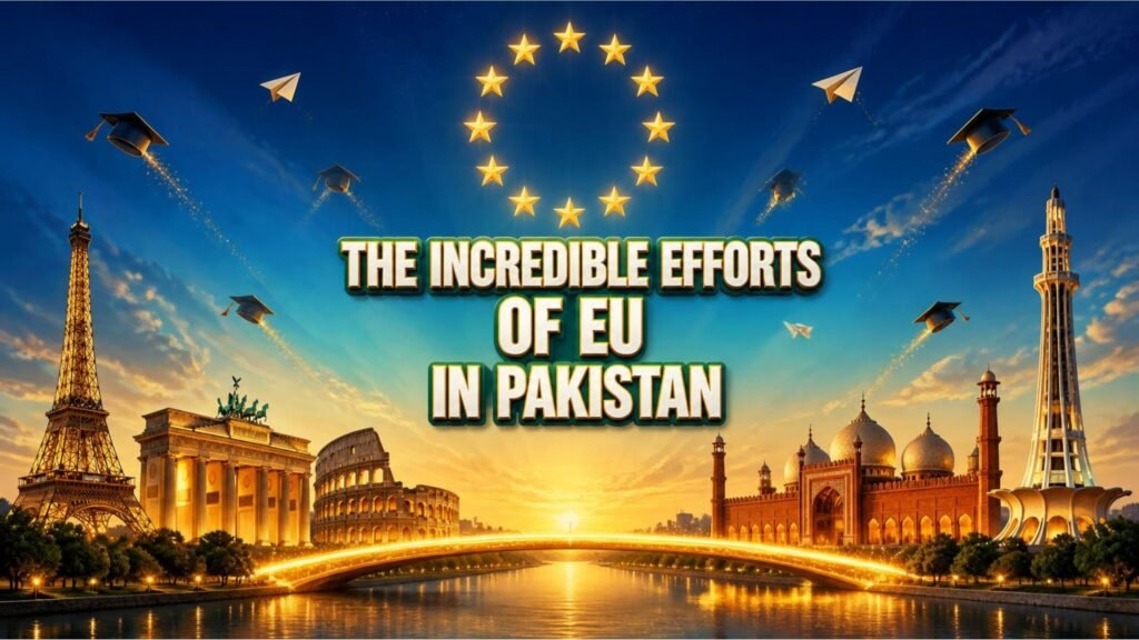 European landmarks including the Eiffel Tower, Brandenburg Gate and Colosseum facing Pakistan's Badshahi Mosque and Minar-e-Pakistan, joined by a golden bridge under a ring of twelve stars, representing European Union support for education in Pakistan