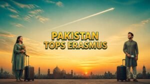 Two young Pakistani graduates in modern traditional dress standing on a rooftop at sunset with passports and boarding passes, representing Pakistan topping Erasmus Mundus scholarships