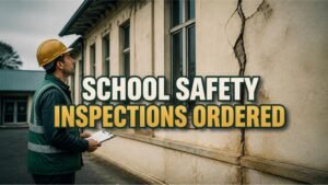 A civil engineer in a hard hat and safety vest inspecting a crack in the wall of an old school building, representing school safety inspections ordered in Khyber Pakhtunkhwa after the Peshawar roof collapse