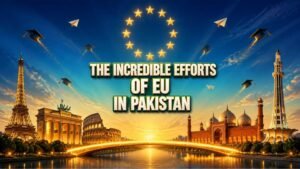 European landmarks including the Eiffel Tower, Brandenburg Gate and Colosseum facing Pakistan's Badshahi Mosque and Minar-e-Pakistan, joined by a golden bridge under a ring of twelve stars, representing European Union support for education in Pakistan