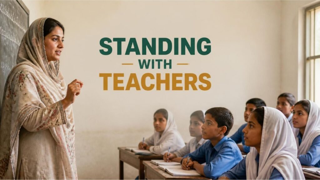Pakistani teacher standing at a blackboard teaching a classroom of students on World Teachers' Day